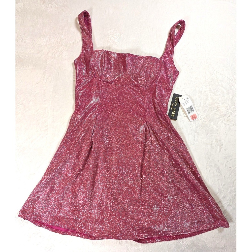 City Vibe Womens‎ Junior Magenta Glitter Metallic Bow Flare Dress Size 11 Formal